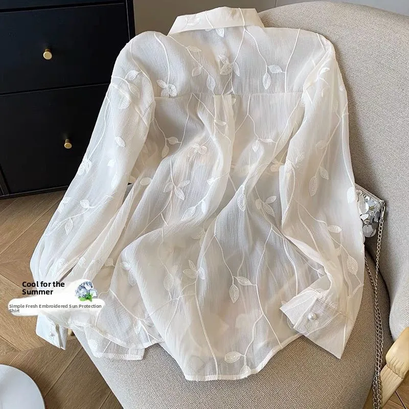 

Легкая длинная све, солнцезащитная женская летняя свободная универсальная блузка нового дизайна с вышивкой для похудения