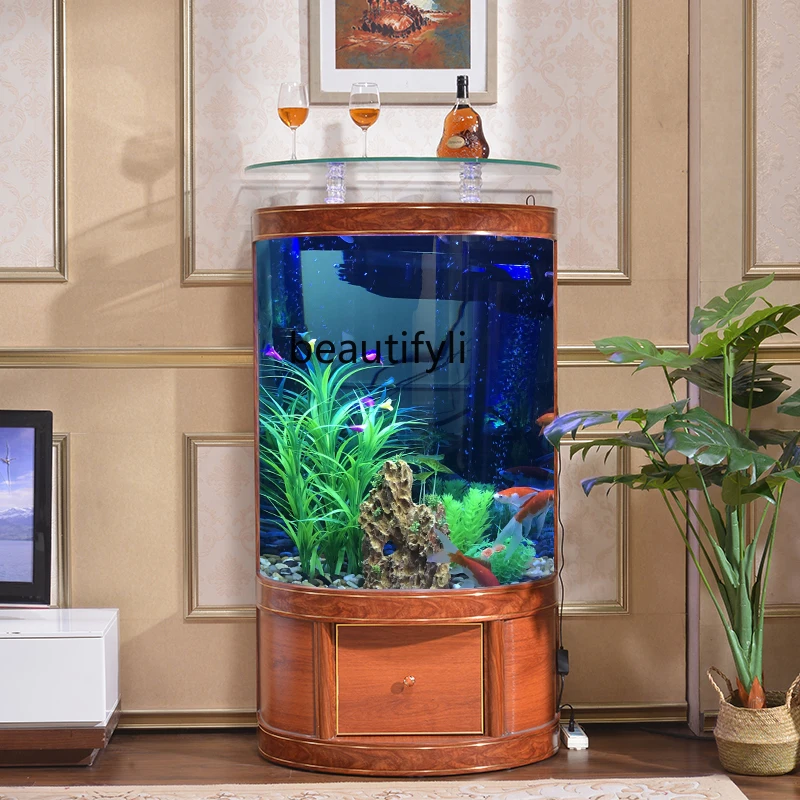 Rosewood Semicircle Bar Fish Globe Glass Medium and Large Floor Living Room Home Ecological Aquarium