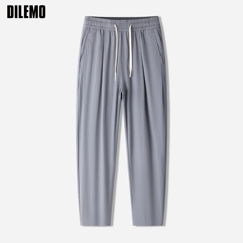 Pantalones para correr de seda de hielo de alta calidad para hombre, pantalón informal, a la moda, con tiras, holgados, de talla grande, para correr, ropa para hombre
