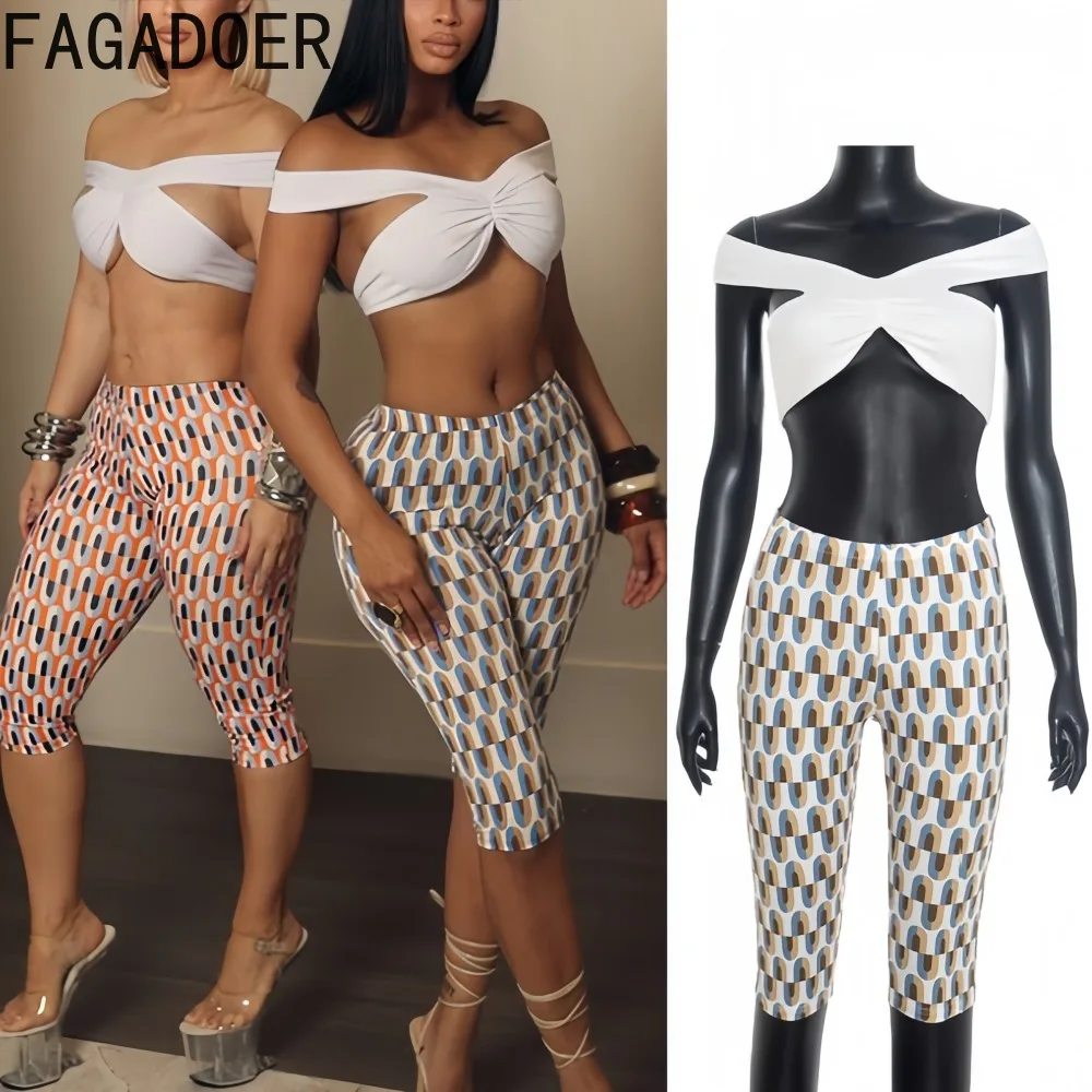 FAGADOER Sexy Two Piece Outfits Woman Off Showlder Sleeveless Backless Tops and Color Printing Pants Female Streetwear 2025 New