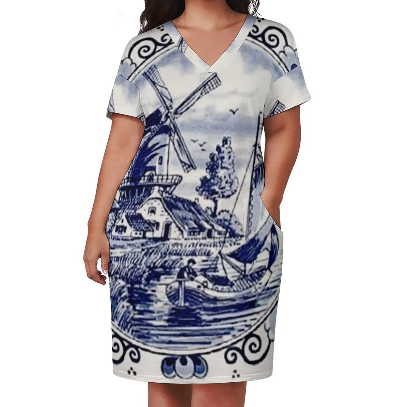 DUTCH BLUE DELFT: Vintage Windmill Print Loose Pocket Dress dress dresses