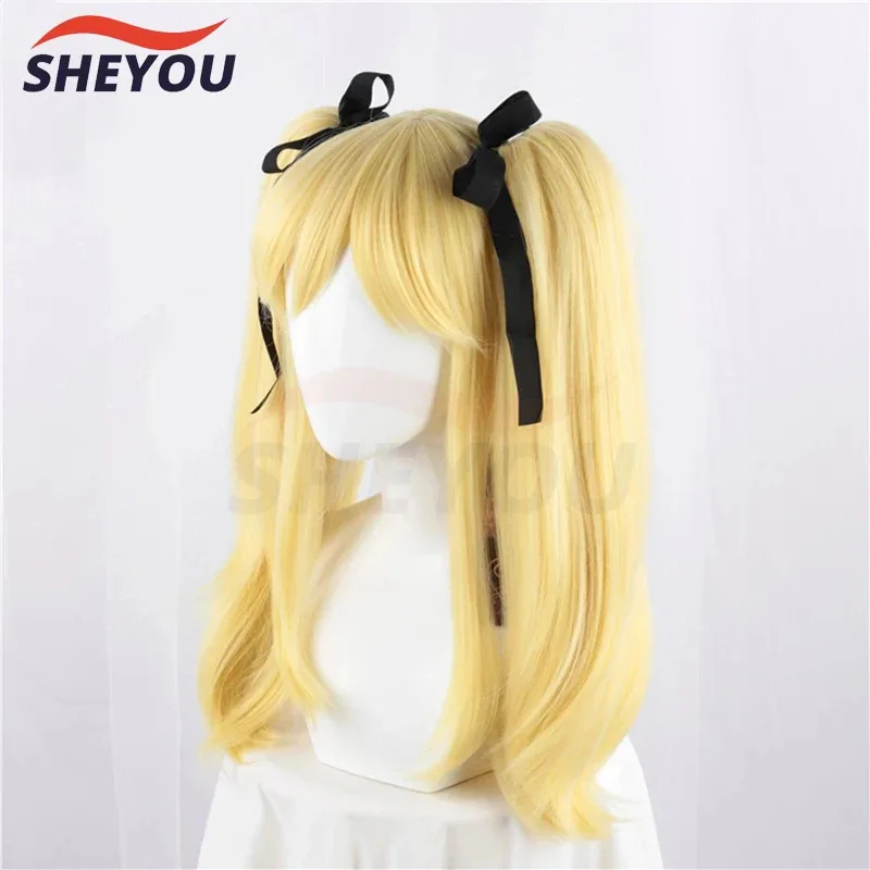 

a7d@High Quality Anime Kakegurui Mary Saotome Meari Blonde Ponytail Hair Heat Resistant Cosplay Wig + Silk Black Ribbon + Wig Ca