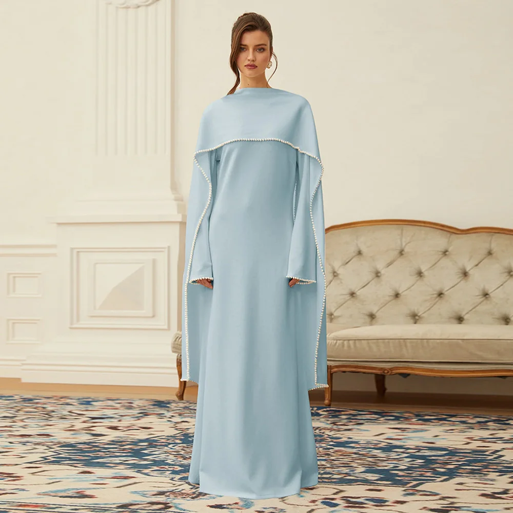 

Fashion Arabian Evening Dress for Woman Customized Round Neck Long Sleeves Pearls with Shawl Formal Prom Gown Party Dresses
