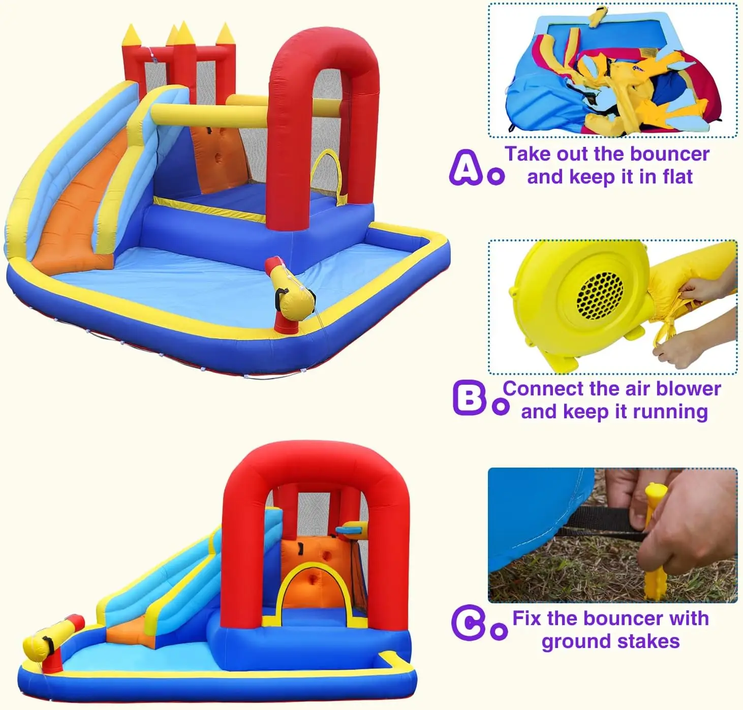 JOYLDIAS Inflatable Water Slide Bounce House,Slide Bouncer Castle Playhouse w/Splash Pool,Jump Area, Climbing Wall,Basketball Ho