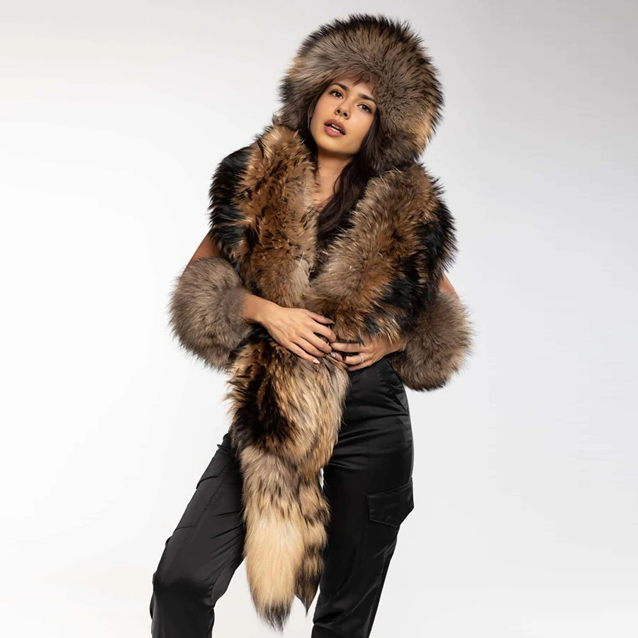 معاطف فرو الراكون الطبيعي شال فرو الراكون الأصلي للنساء كيب فرو حقيقي طويل مع ذيل إكسسوار فراء شتوي دافئ