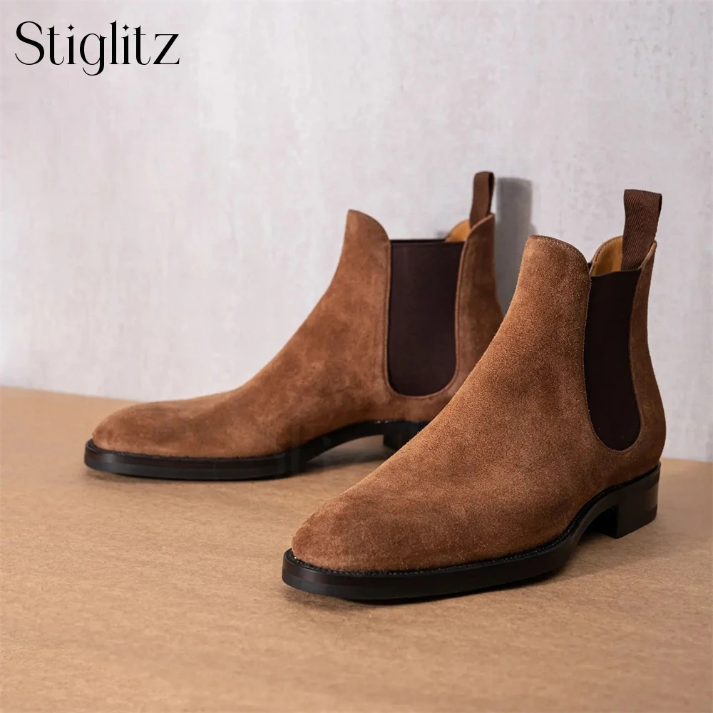 Brown Suede Elastic Booties for Men Elegance Timeless Handmade Boots Almond Toe Slip on Comfortable Ankle Boots Custom Handmade