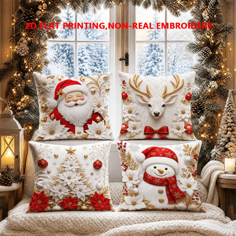 2D FLAT-4pc Christmas Holiday Throw Pillow Covers Sofa and living room decoration, single-sided printing, without pillow core