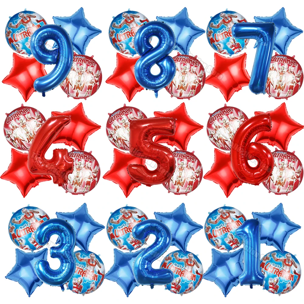 

5Pcs Ultramaned Theme Superhero Party Supplies Boy Favor 1-9th Number Foil Ballon 18in Round Star Helium Globos DIY Event Decor