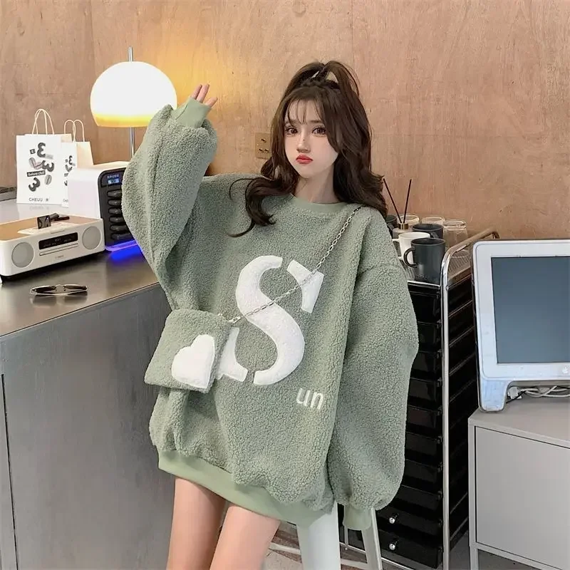 

Women Lamb Hoodies with Bag Lady Letter Sweatshirt Femal Loose Outerwear Long Pullover 2023 Spring Fall Winter Warm Clothing