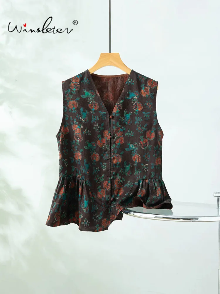 Winsleter-100%Real Silk Watered Gauze Elegant Vest Coat, V Neck Hua Luo, Women Ruffles Commute Waistcoat, 2026 Summer C67562CC