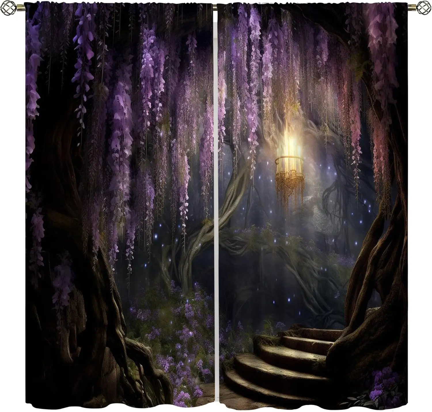 Fantasy Forest Curtains, Enchanted Wonderland Purple Wisteria Flower Lanterns Nature Scenery Window Treatment for Living Room