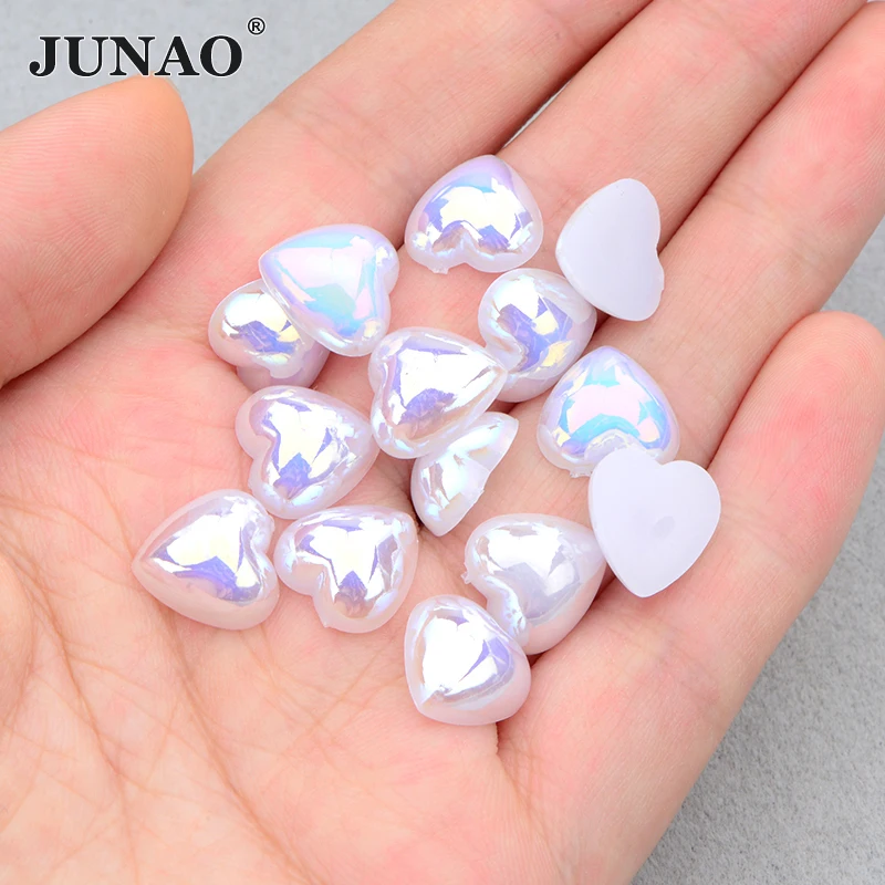 JUNAO 12mm 100Pcs White AB Heart Pearl Flatback Pearl Half Pearls Imitation Beads For DIY Crafts Wedding