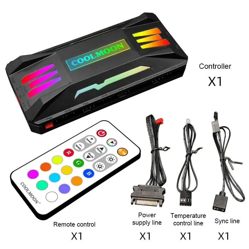 COOLMOON P-ARGB Controller 4-Pin PWM Temperature Control 5V 3-Pin Synchronization Wireless Remote Control Chassis Fan Hub