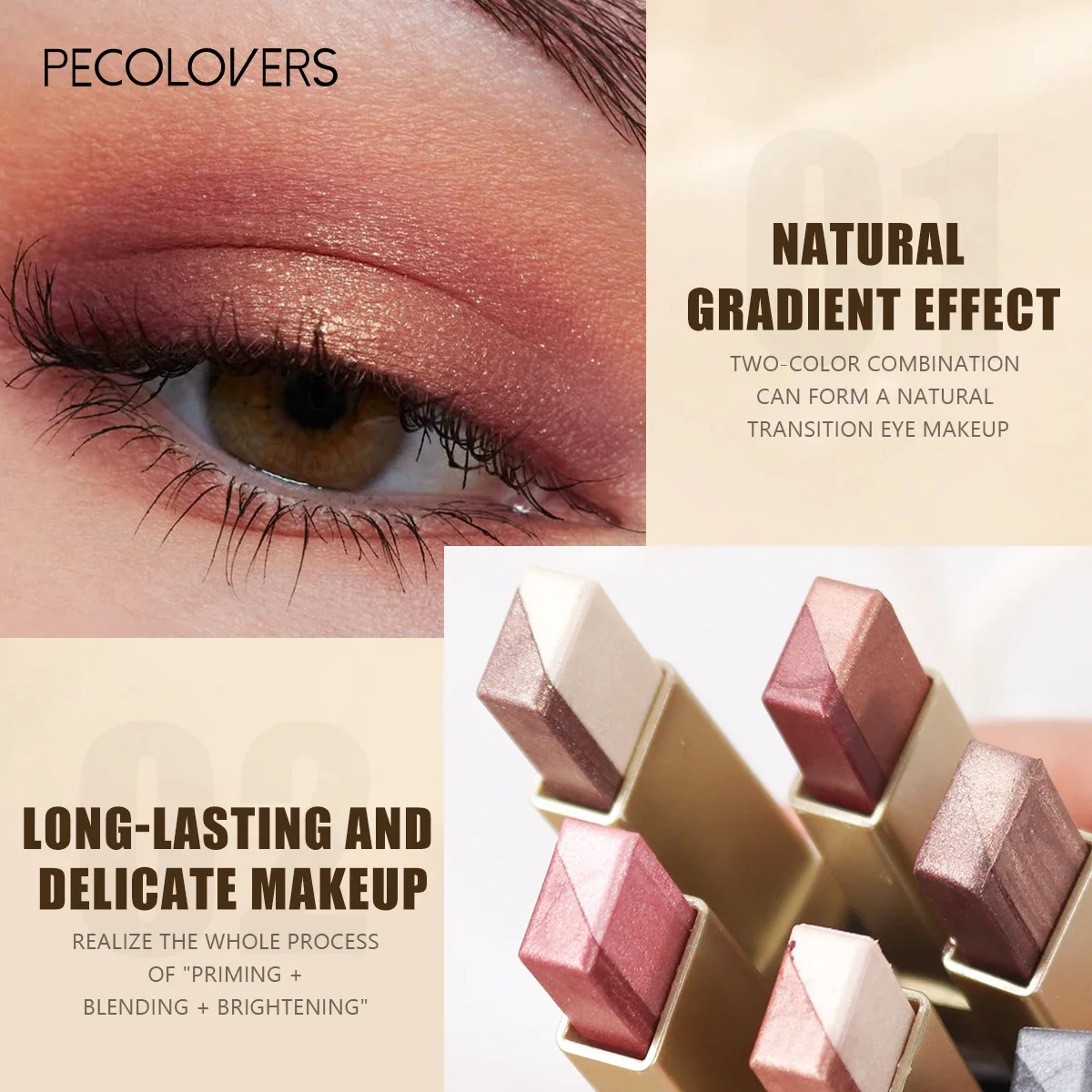 1pc PECOLOVERS Aurora Shimmer 2-Tone Gradient Glitter Eyeshadow Stick - Long-Lasting, Waterproof, Formaldehyde-Free