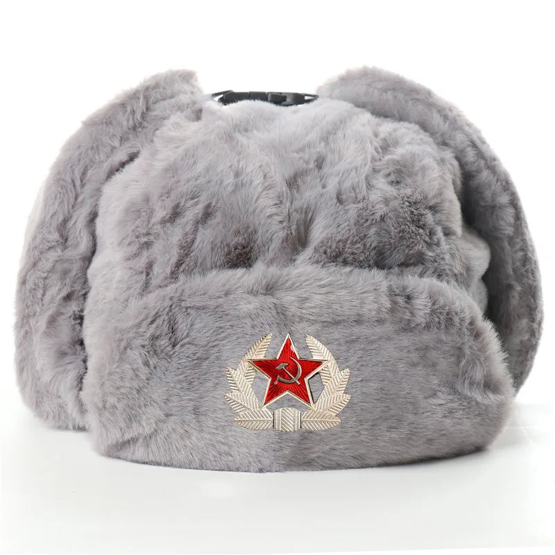 

Soviet Badge Ushanka Hat - All Wool & Faux Rabbit Fur Ear Flaps | Unisex Winter Warm Cap for Russian Style & Northeast Cold