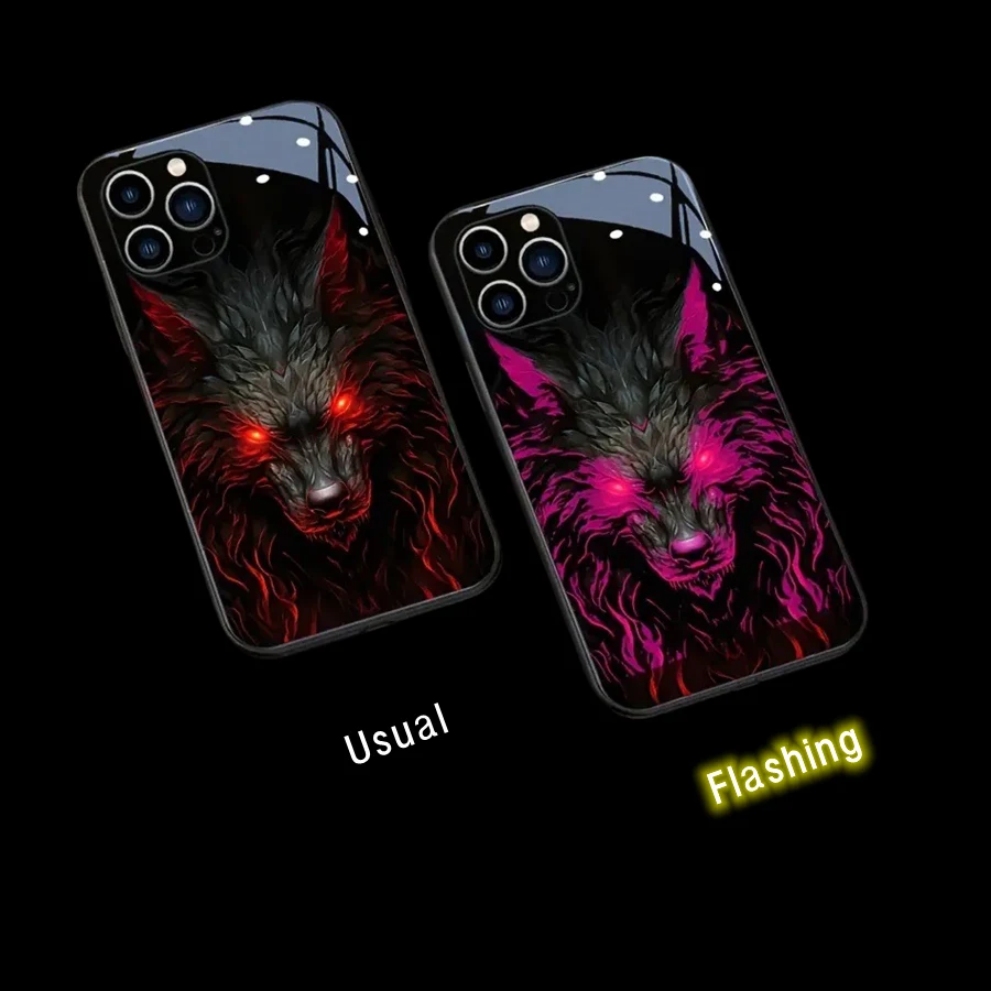 

Wolf King Totem LED Flash light Case For iPhone 15 14 Plus 13 16 Pro 12 11 XR XS max Luminous Animal Design Protective Cover