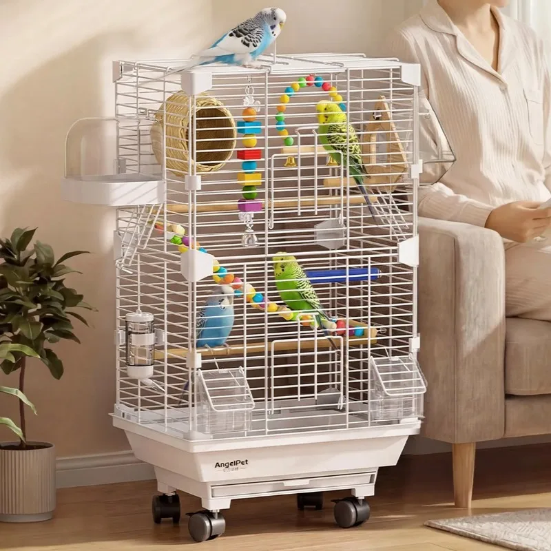 Jaula Grande de Metal para Pájaros con Ruedas para Periquitos, Aviario Espacioso con Base y Protección Anti-Salpicaduras, Hogar de Lujo de Hierro Forjado para Periquitos