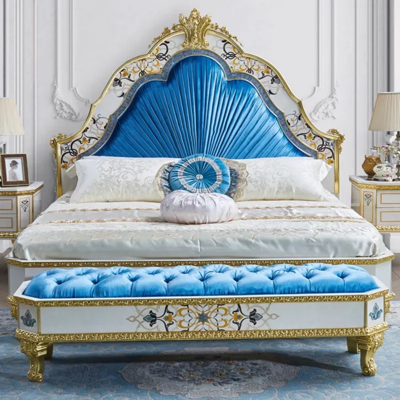 French master bedroom wedding bed European solid wood carving flower luxury villa princess double fabric bed