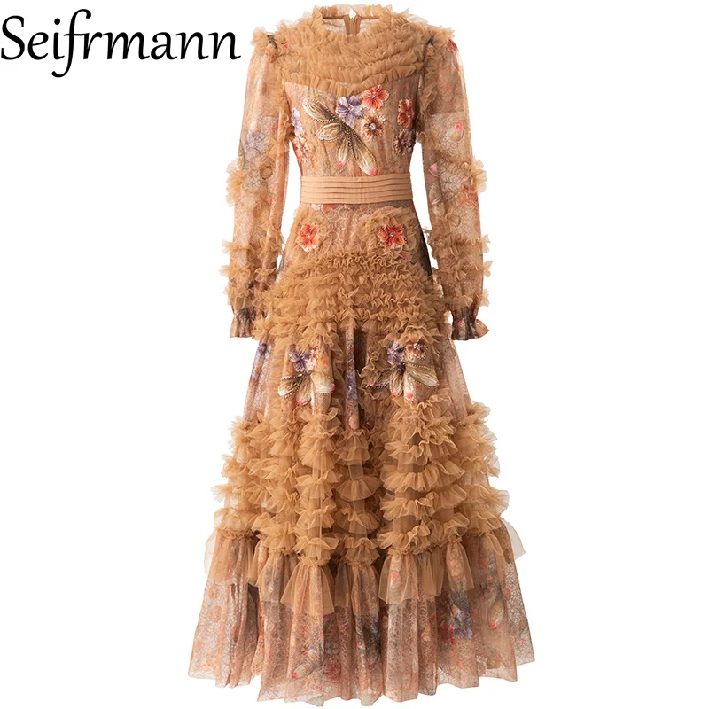 Seifrmann 2026 lente dames nieuwe modieuze ronde hals lange mouw kraalbloem pailletten bedrukte bloem mesh-jurk