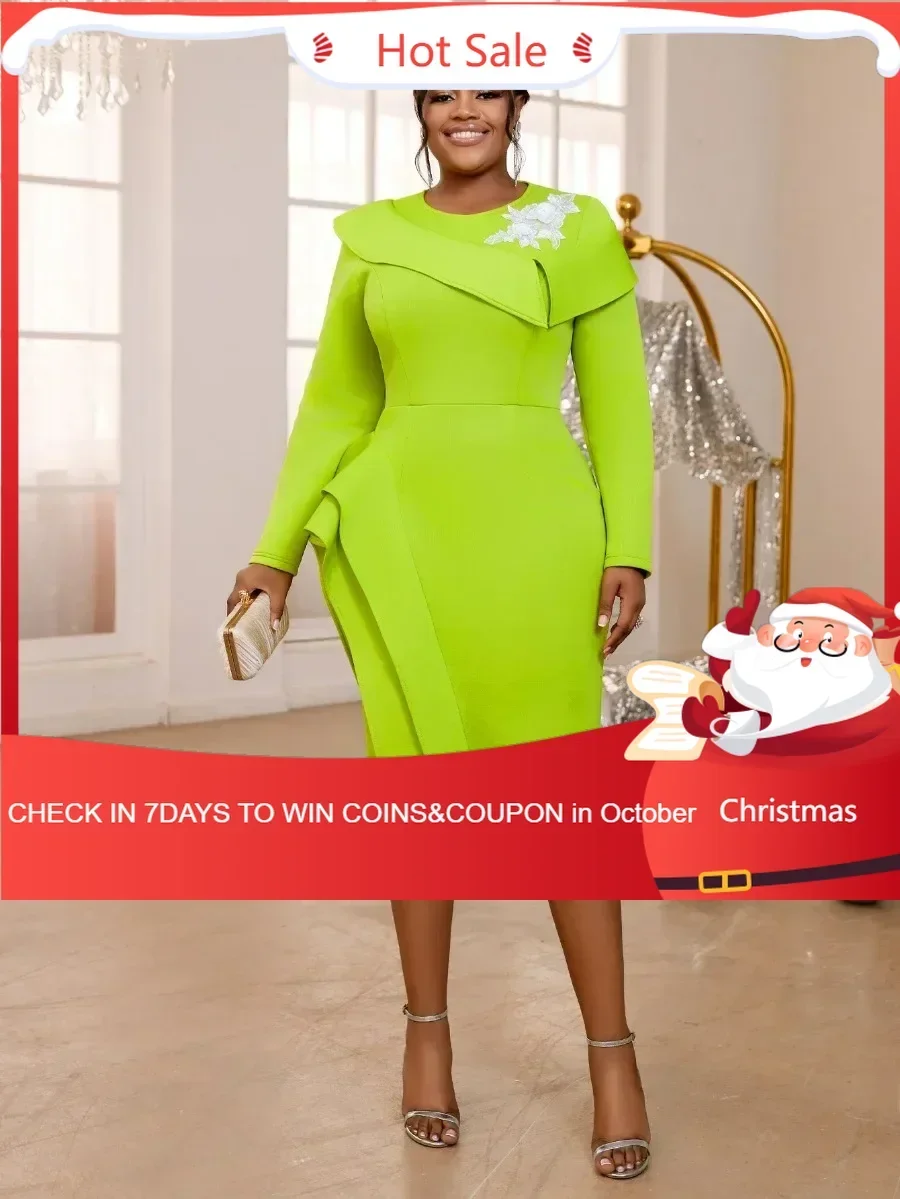 Chic Green Bodycon Dress For Women O Neck Appliques Long Sleeve Ruffles Slim Prom Birthday Wedding Guest Celebrate Gown 2024 New