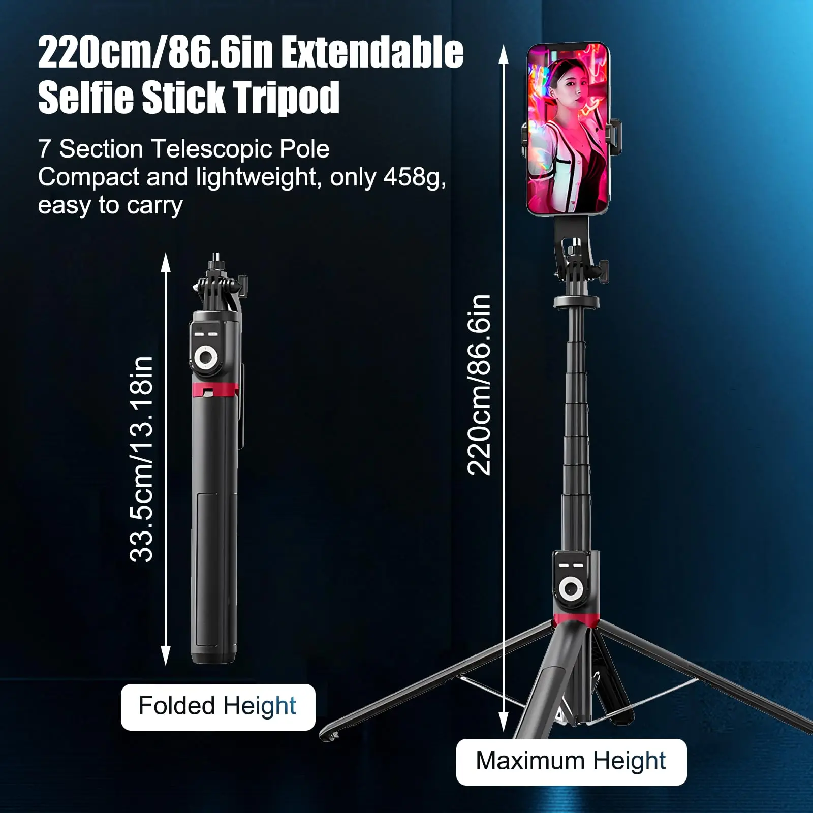 DIXSG 220 Cm Mobile Phone Selfie Stick with Removable Remote Control 360° Rotation  Extendable Mobile Phone Quad Tripod Stand