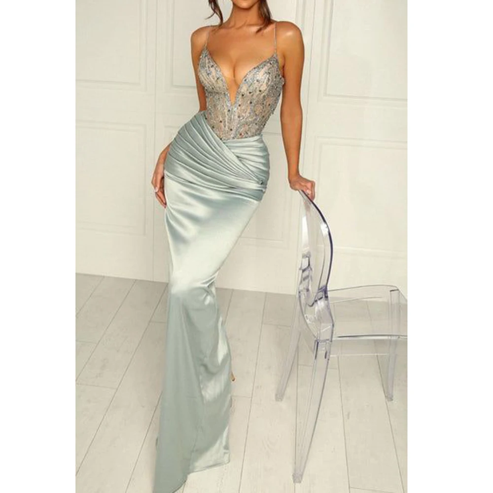 

Exquisite Gray Evening Party Dresses Sweetheart Spaghetti Strap Floor Length Trumpet Slim Fit Shiny Sequin Smart Women Prom Gown