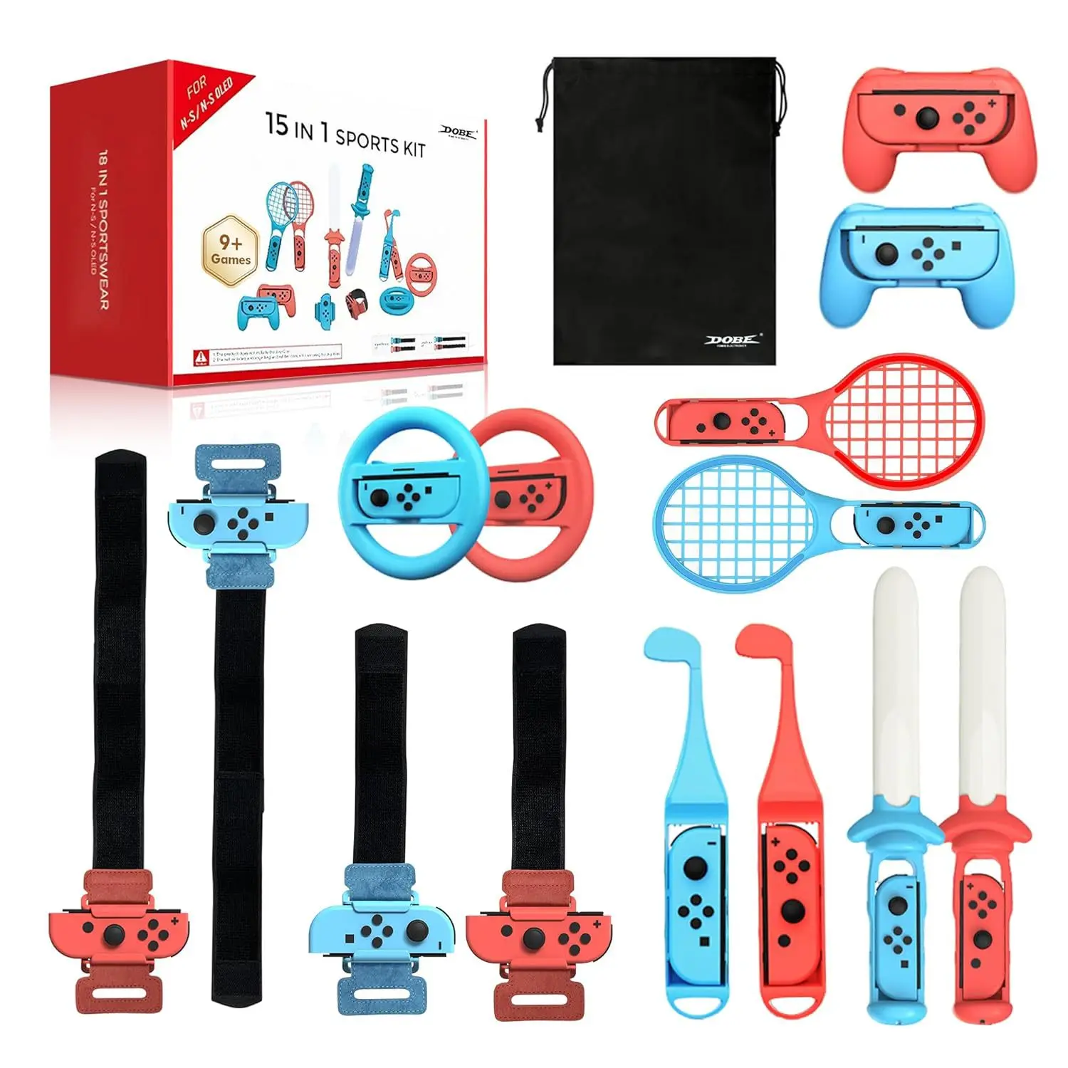 DOBE 15-in-1 Sports Accessories Set for Nintendo Switch OLED, Mini Joy-Con Controller Kit with Motion Sensing Game Props