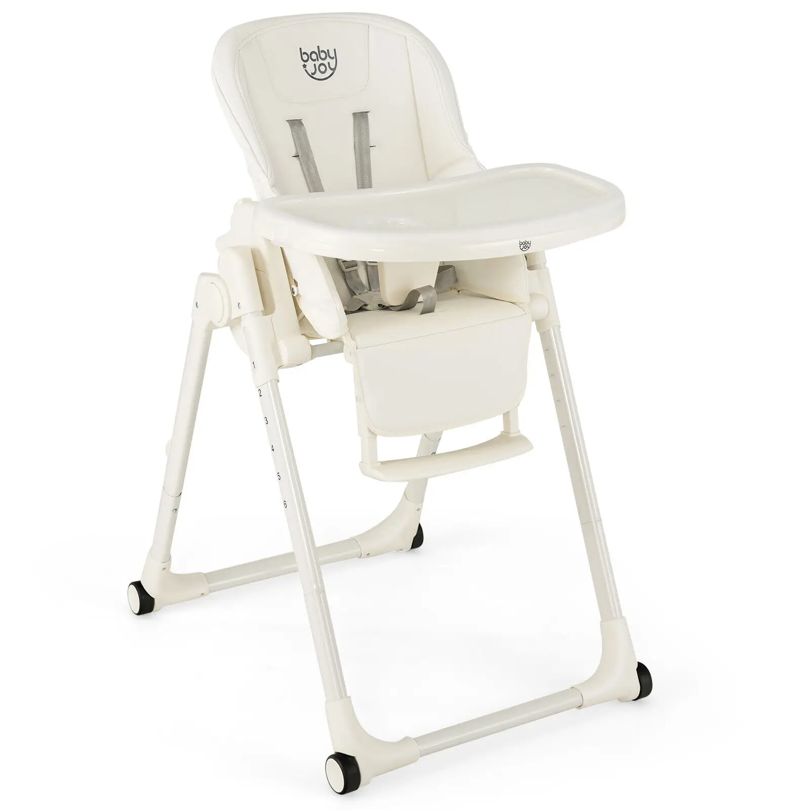 Babyjoy 4-in-1 Foldable Baby High Chair Height Adjustable Feeding Chair w/ Wheels Beige