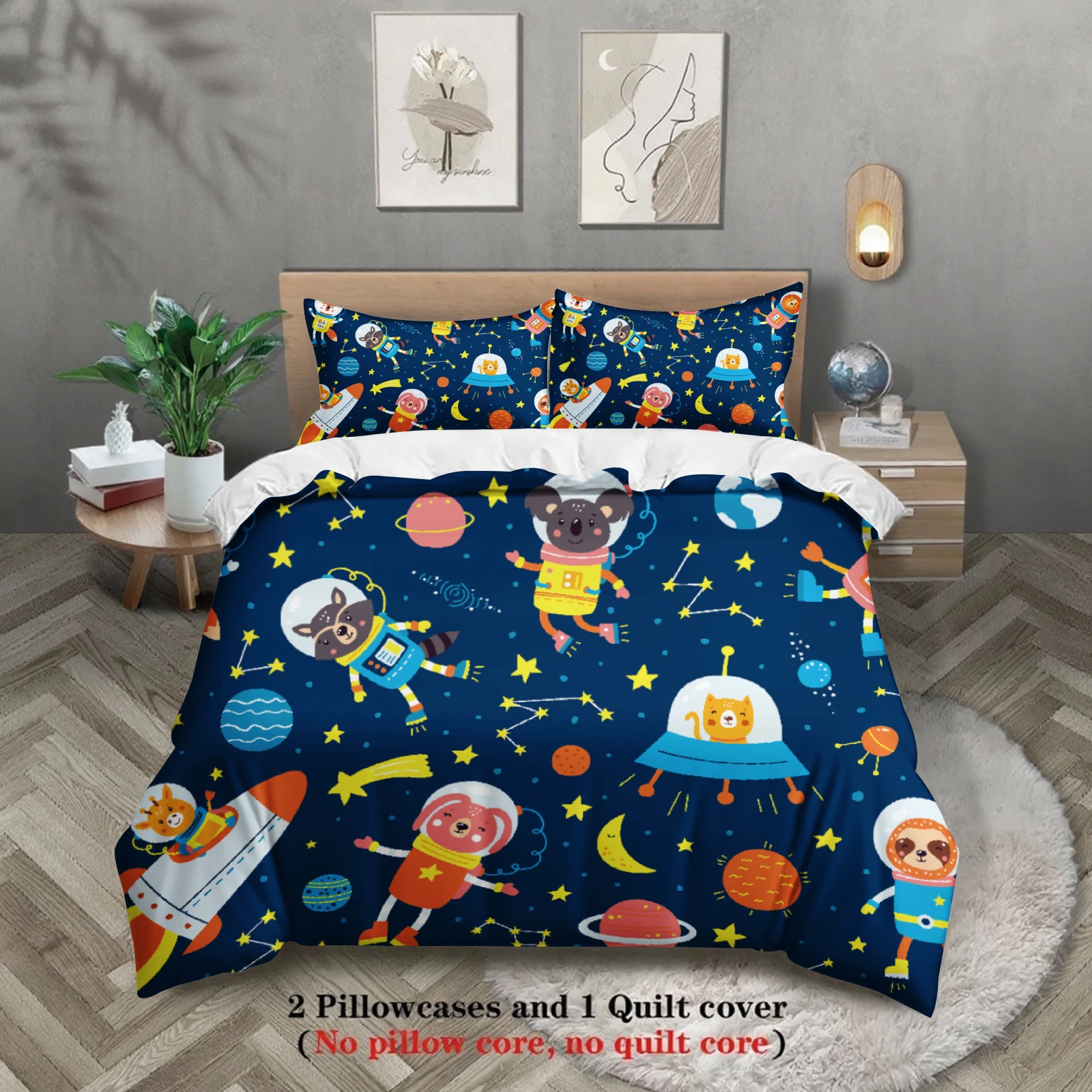 3pcs Cartoon Space Animals Bedding Sets Dormitory For Students 3D Printed Outer Space Theme Duvet Cover Sets With 2 Pillowcases