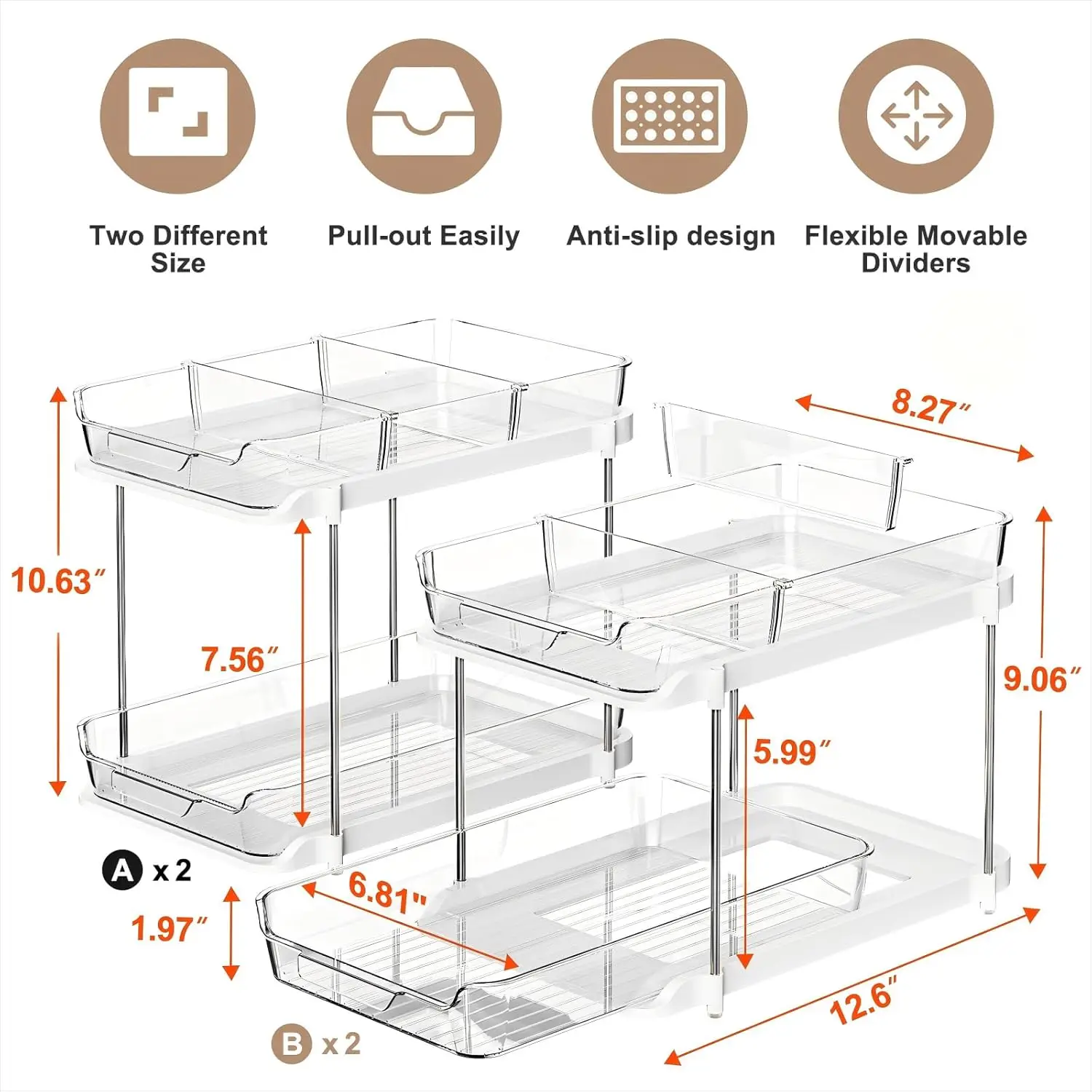 منظم تحت الحوض قابل للتكديس بطبقتين مع أدراج قابلة للسحب، فواصل متحركة، أبيض - 4 عبوات