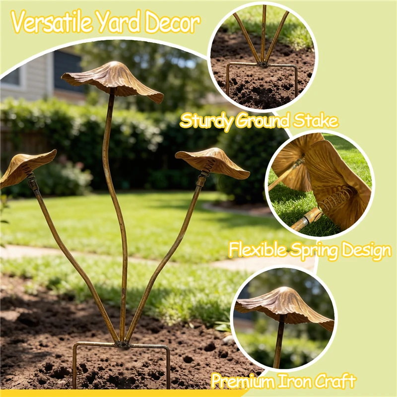 Vintage Distressed Mushroom Garden Stake, Rusted Iron Metal Craft Ornament, Outdoor Yard Lawn Patio Landscape Decorations