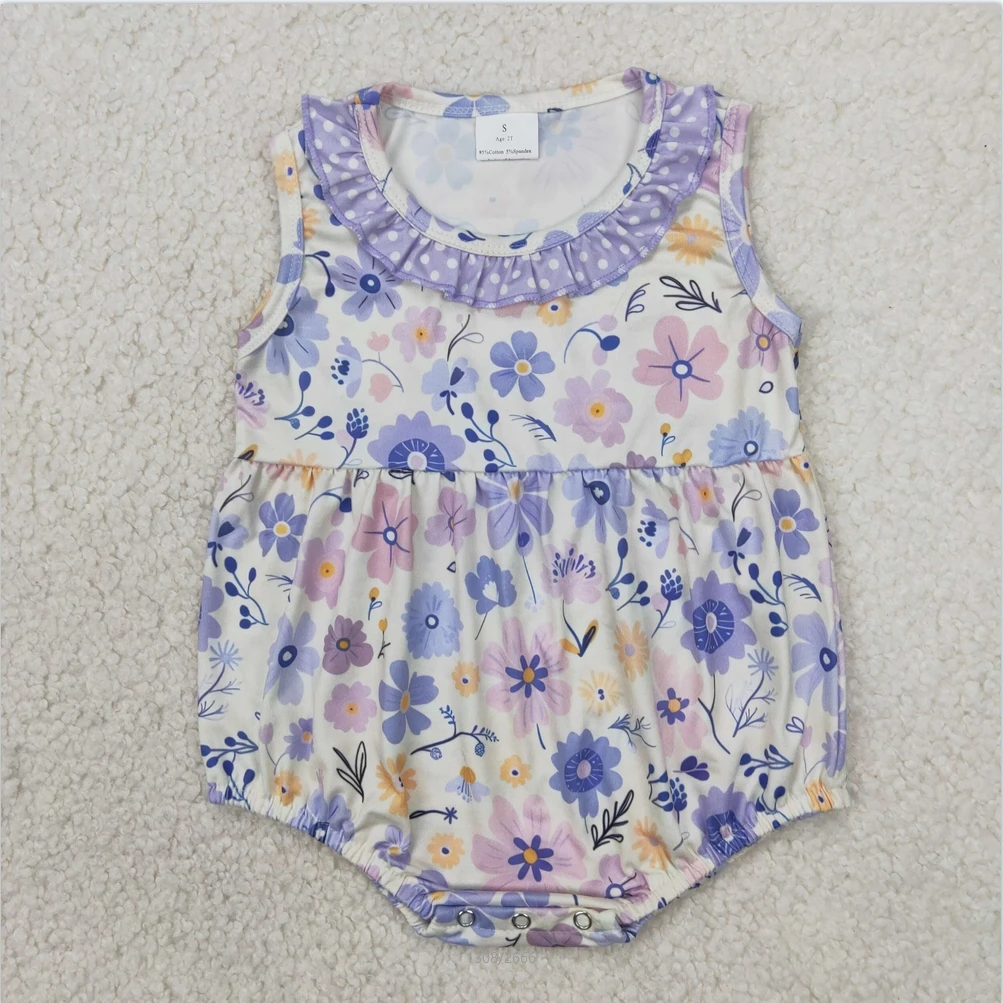 

Hot sale short sleeve girls Bubble romper boutique clothing Summer Baby Infant Girls Light Blue Flowers Sleeveless Rompers
