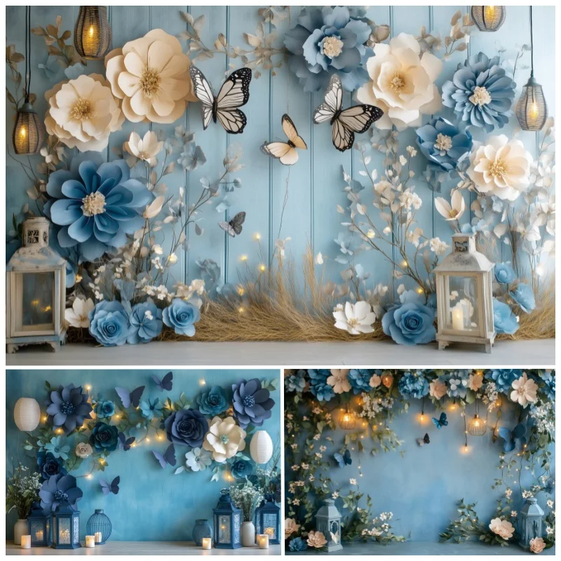 Blue Flowers Wedding Scene Backdrop Photography Butterfly Candles Couple Portrait Photographic Background Photo Studio Photocall