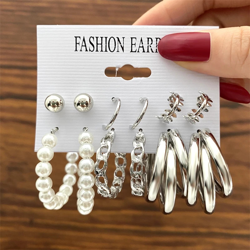 Trendy Earrings Set for Women Girls Simple Silver Color Pearl Metal Circle Hoop Earrings Dangle Earrings 2022 New Fashion Gift