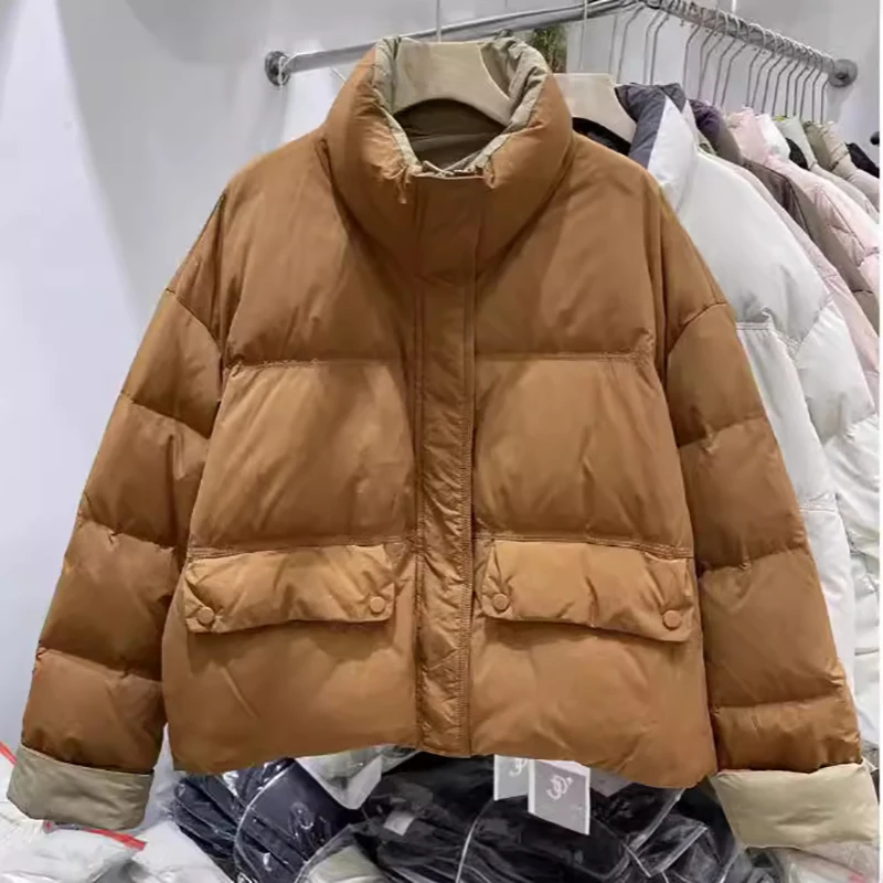 Koreanische kurze Baumwoll jacke für Frauen neuer Stehkragen lose warme gepolsterte Kleidung Winter Patchwork verdickter Mantel