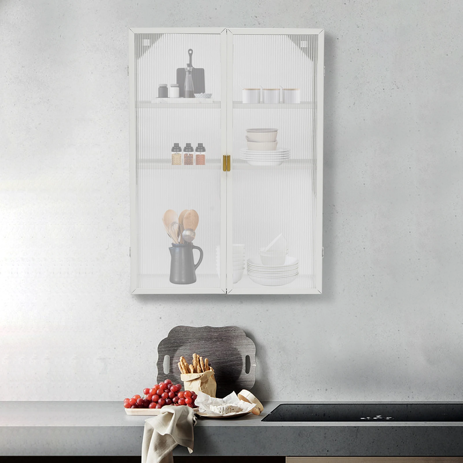 

Retro Style Wall Mount Shelf, White Haze Double PC Door Wall Cabinet, Modern Storage Organizer for Living Room, Kitchen & Office