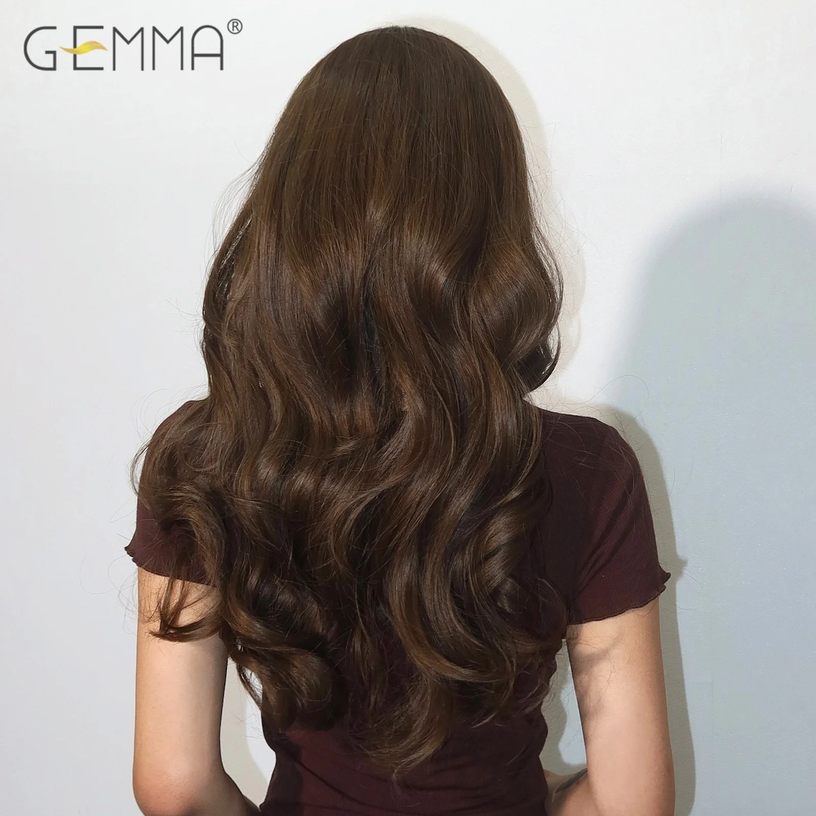 Synthetic Golden Brown Long Natural Wavy Wig with Bangs for Women Chestnut Brown Cosplay Daily Hair Wig Heat Resistant Fibre