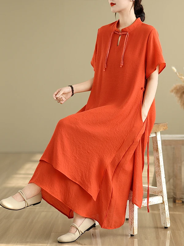 Verão novo estilo chinês retro aodão linho vestido de manga curta f gola dupla camada  saia midi vestido