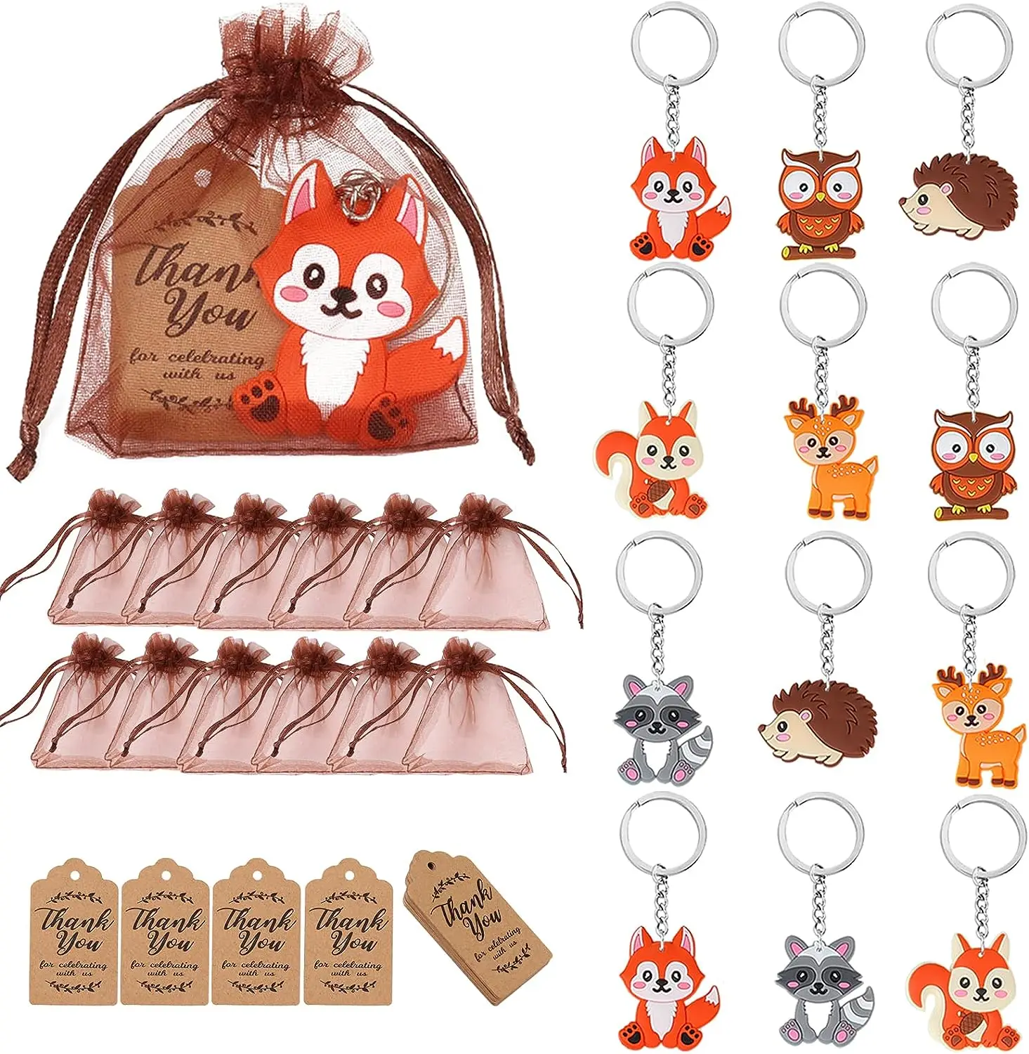 Woodland Animal Party Favors Cute Animal Keychains for Kids Thank You Gift Tags with String Organza Bags Birthday Suppliers