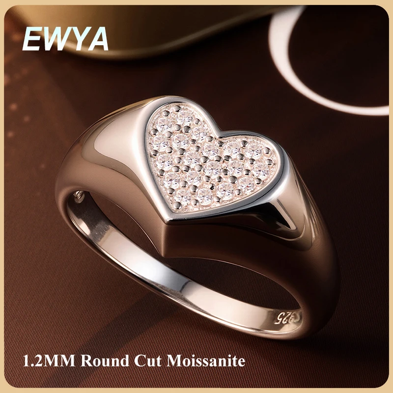 

EWYA Heart Shape Full 1.2mm Moissanite Engagement Ring Women Female S925 Silver All Lab Diamond Dainty Party Wedding Band Gift
