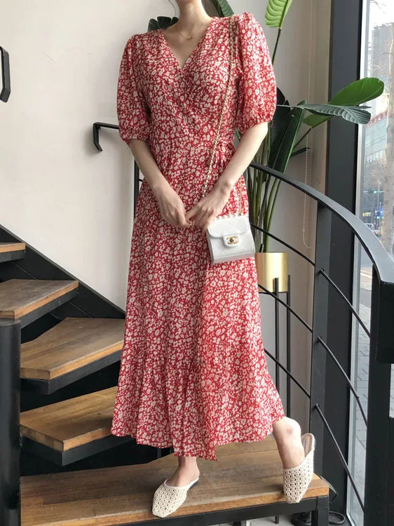 

Chic Summer New Sle Slimming Floral Hepburn One-Piece Dr A-Line Long Skirt Ele Women's Clothing ort Sve V-Ne