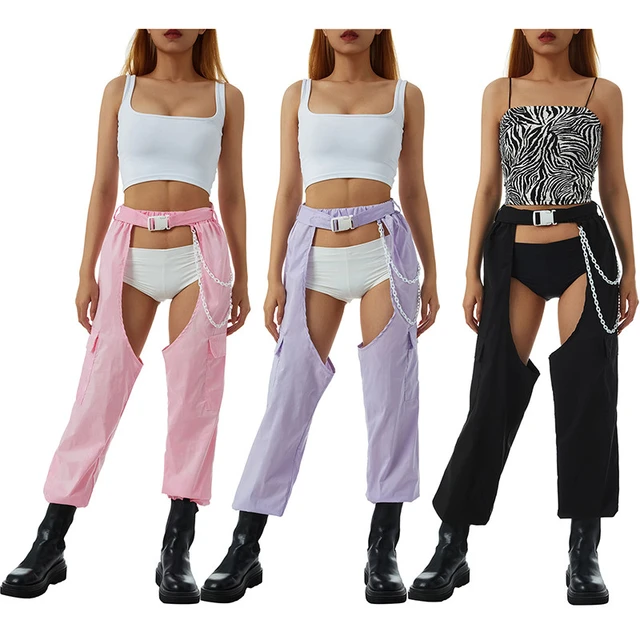 Pantalones largos de entrepierna abierta para mujer pantalon negro solido de cintura alta sin entrepierna con cinturon de cadena Sexy para Club nocturno AliExpress