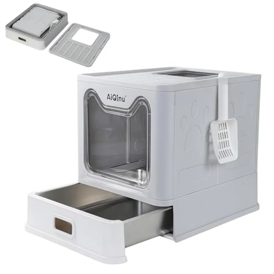 

Foldable Stainless Steel Cat Litter with Lid and Scoop Large Enclosed Litter with High Sides Anti-Leakage and Odor Control Easy