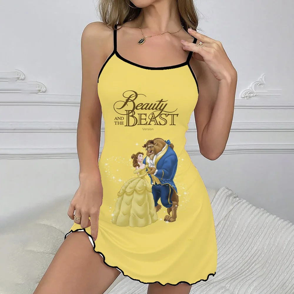 Women\'s Sexy Summer Nightdress Casual Suspender Lace Print Beauty and the Beast Luxury Home Nightdress Elegant Pajama Dress