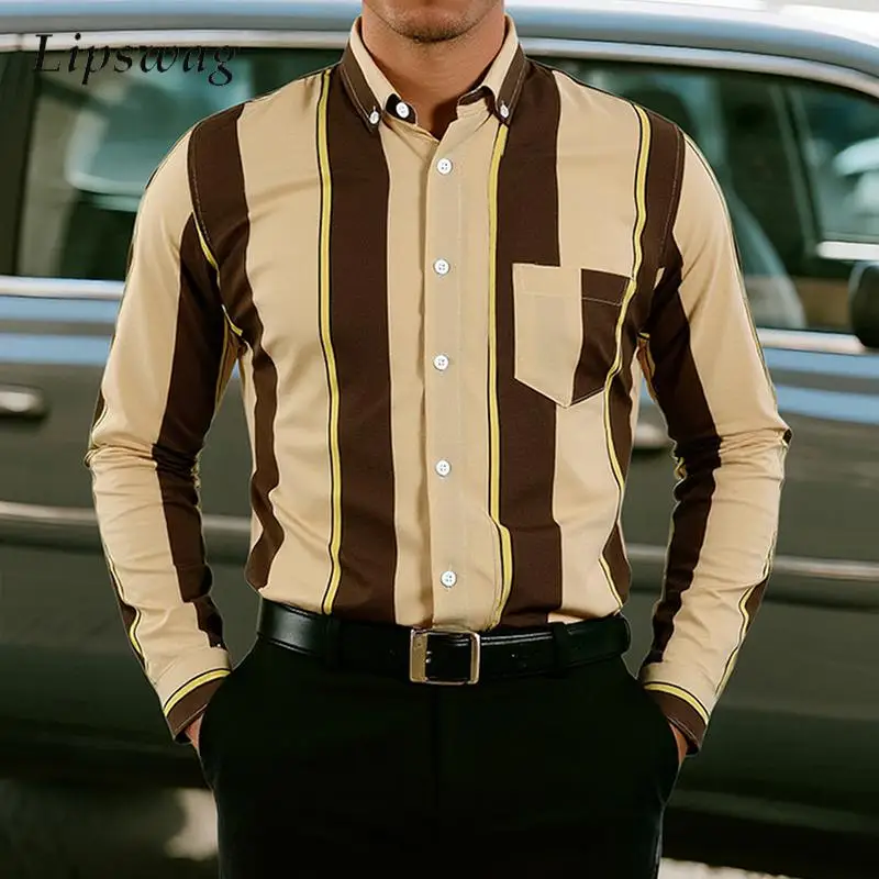 

Винтажные полосатые рубашки с принтом для мужчин, повседневная рубашка с отложным воротником на пуговицах и длинными рукавами, весенне-осенняя модная мужская рубашка
