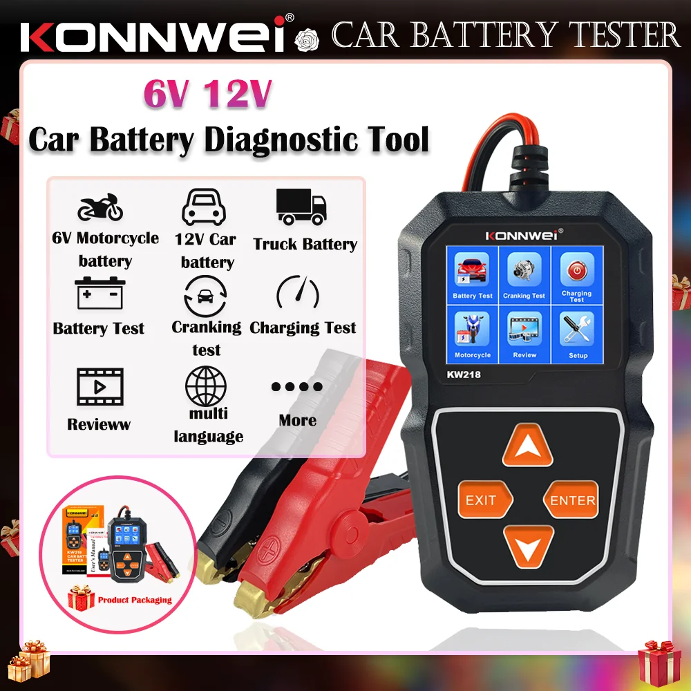 KONNWEI 6V-12V Car Battery Tester Voltage Battery Start Test Data Viewing 8 Language Selection Car Battery Charging Scan Tool