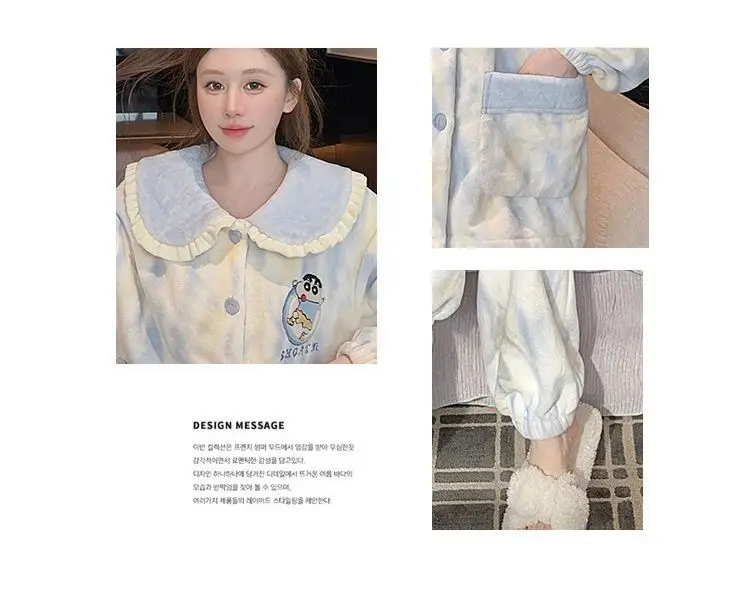 حجم كبير 2 قطعة تلوين شين تشان المرأة منامة المرجان الصوف الفتيات الشتاء دمية طوق بيجامة دافئة أنيمي Kawaii الكرتون Homewear