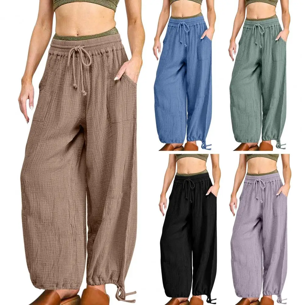 

Women Wide-leg Pants Stylish Women's Wide Leg Pants with Elastic Drawstring Waist Pockets Casual Mid-rise for Streetwear