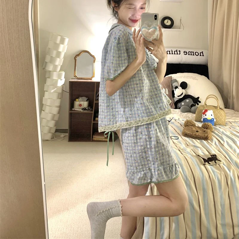 Plaid Women Pajamas Summer Floral Sleepwear Sleeveless Piiama Korean Night Wears Sets 2 Pieces Peter Pan Collar Home Suit 2024