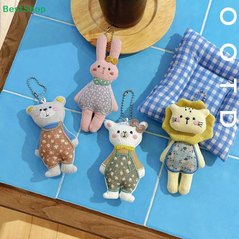 〔Q〕Floral Cloth Animal Keychain Ins Style Lion Bear Rabbit Sheep Fabric Doll Pendant Cute Backpack Decor Daily Gift Accessory